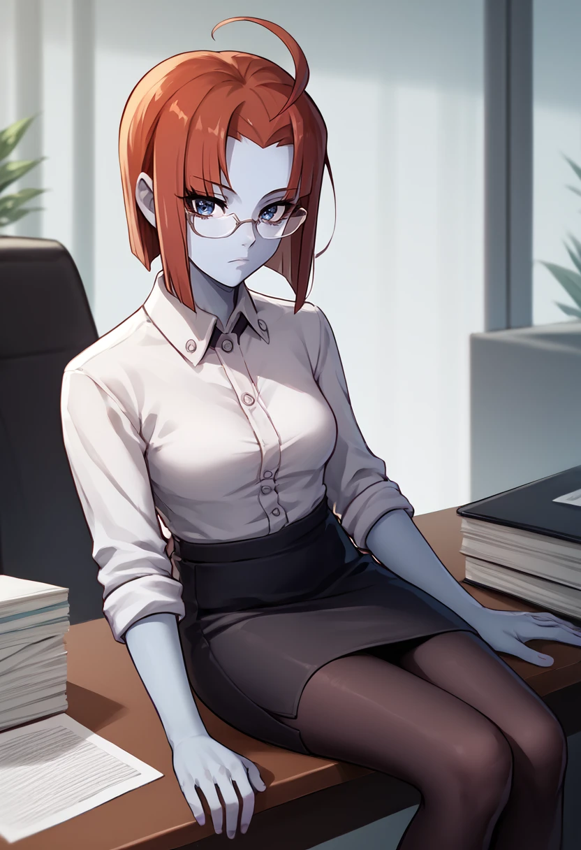 score_9, score_8_up, score_7_up, source_anime, solo, 1girl, melda deitz, blue skin, expressionless, looking at viewer, sitting on table, ahoge, glasses, white shirt, collared shirt, sleeves rolled up, black skirt, pencil skirt, black pantyhose, medium breasts, indoors, office <lora:spacebattleship_deitz_ponyXL:1>