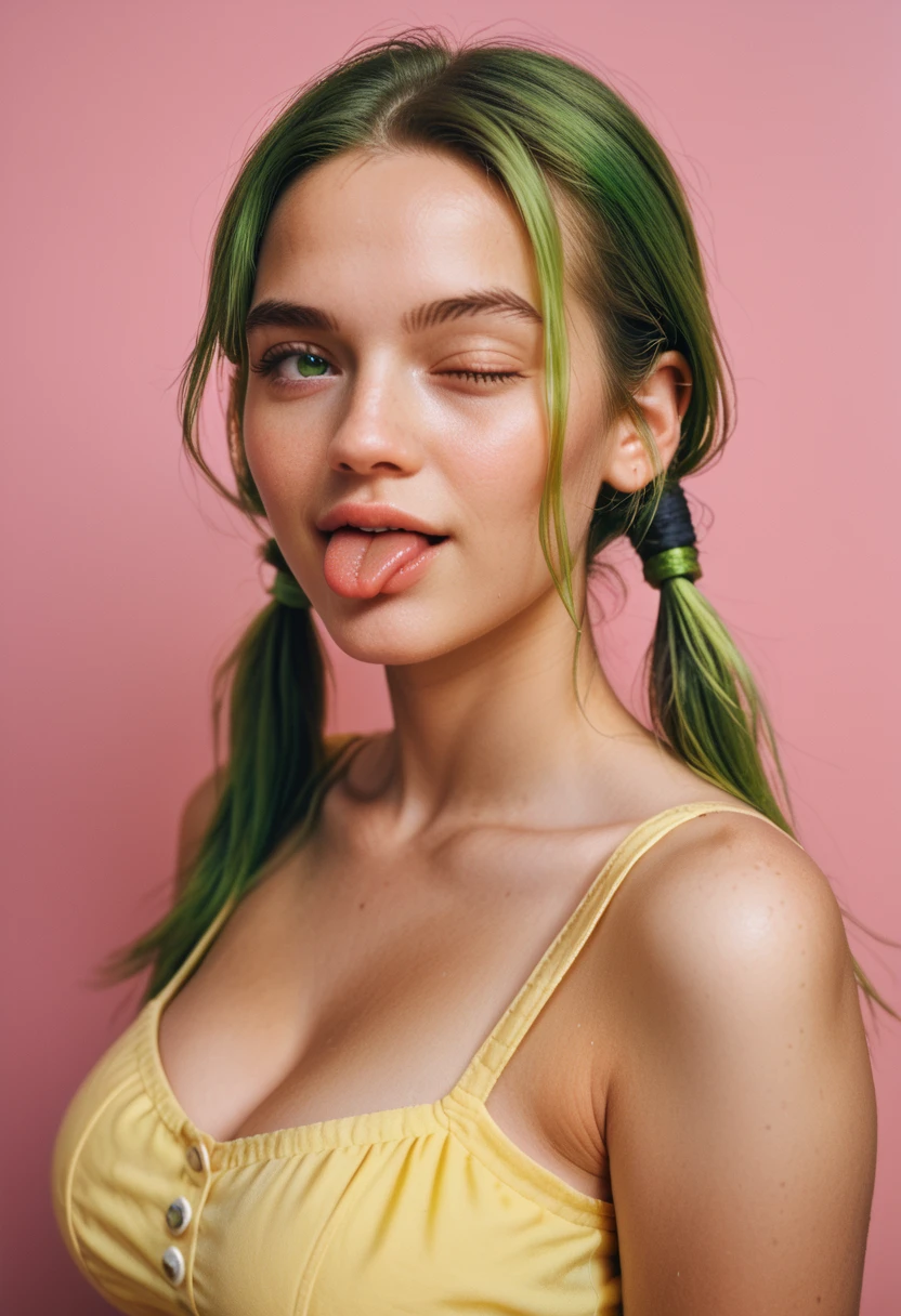 score_9, score_8_up, score_7_up, portrait of a cute woman with lime green hair, large breasts, pigtails, pink background, closing one eye, winking, tongue out, from side angle, looking at viewer, yellow sundress,