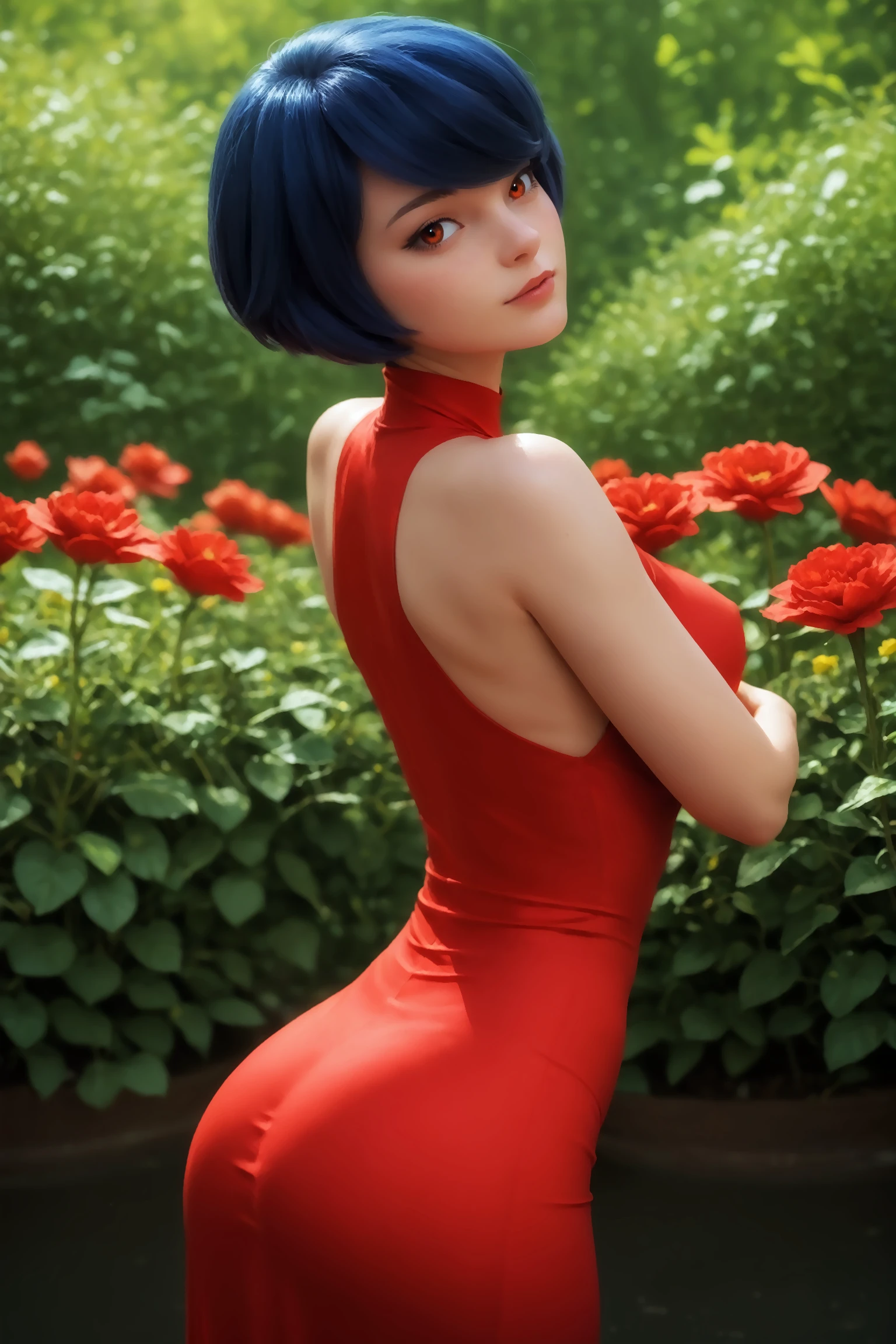 score_9, score_8_up, score_7_up, BREAK, imtdtsukag, adult, 1girl, from side, red dress, tight dress, flowers, ass, short hair, solo, brown eyes, blue hair, swept bangs, bob cut, light freckles, large breast, wide hips, fit body, rating_questionable.
