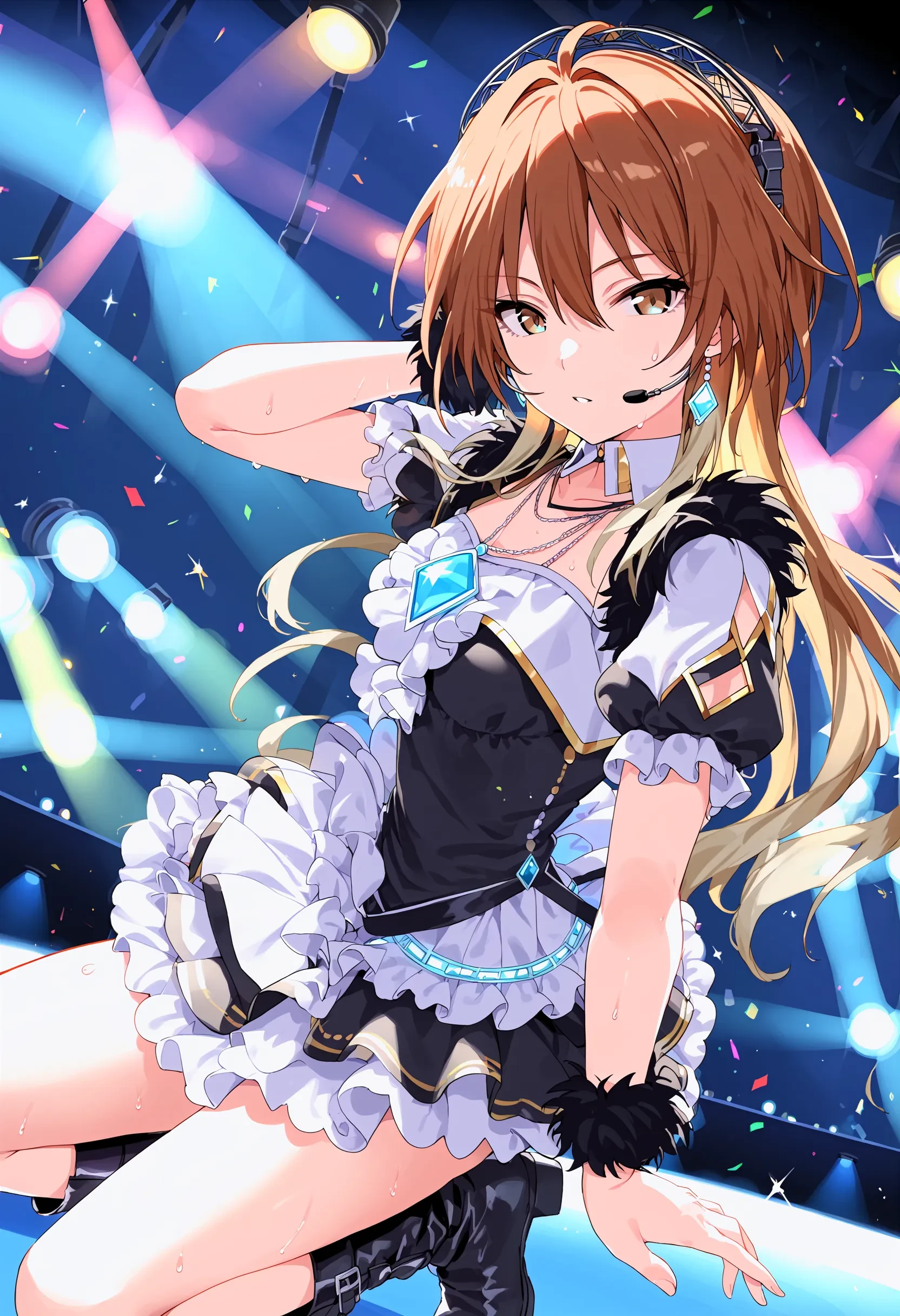 m_aketa, score_9, best quality
1girl, solo, jewelry, earrings, looking at viewer, brown hair, multicolored hair, necklace, gradient hair, gem, long hair, fur trim, brown eyes, bangs, glint, hair between eyes, frills, expressionless, gradient eyes, parted lips, blonde hair
dynamic pose, sweat drop, glowstick, lights, bare arms, multicolored dress, boots, concert, detached sleeves, dress, idol, idol clothes, indoors, posing on stage, puffy detached sleeves, puffy short sleeves, puffy sleeves, short sleeves, solo focus, spotlight, idol concert, looking at viewer, headset, colorfull stage, stage lights, pillar, neon
<lora:m_aketaXL_pony:1>