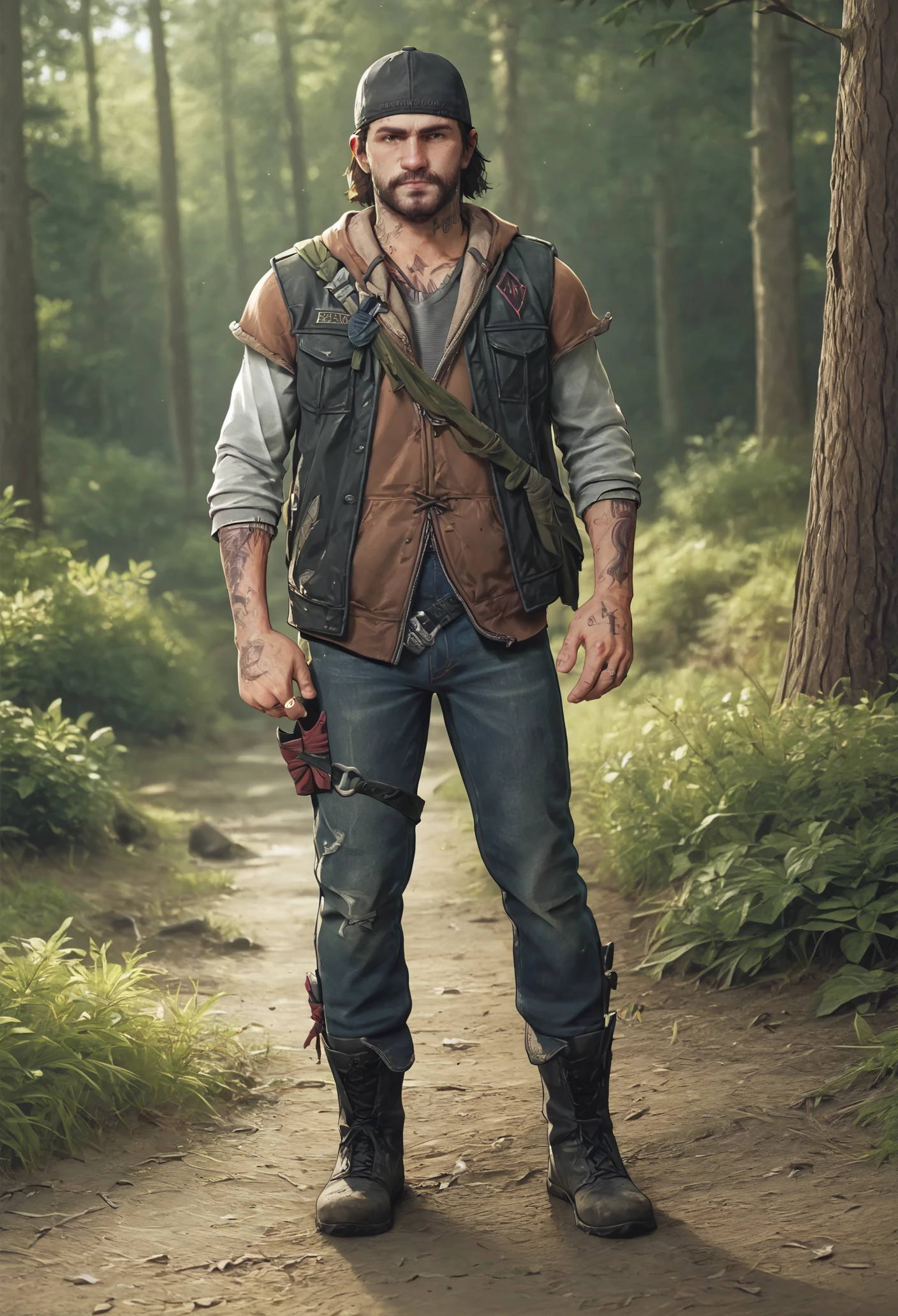 score_9, score_8_up, score_7_up, BREAK 1boy, solo, mature male, looking at viewer, full body, muscular,
beard, mustache, short hair, black vest, brown hoodie, jeans, thigh strap, boots, tattoo, baseball cap, backward hat,
standing, grey shirt,
outdoors, forest path, sunny,  <lora:Deacon_St._John:1>