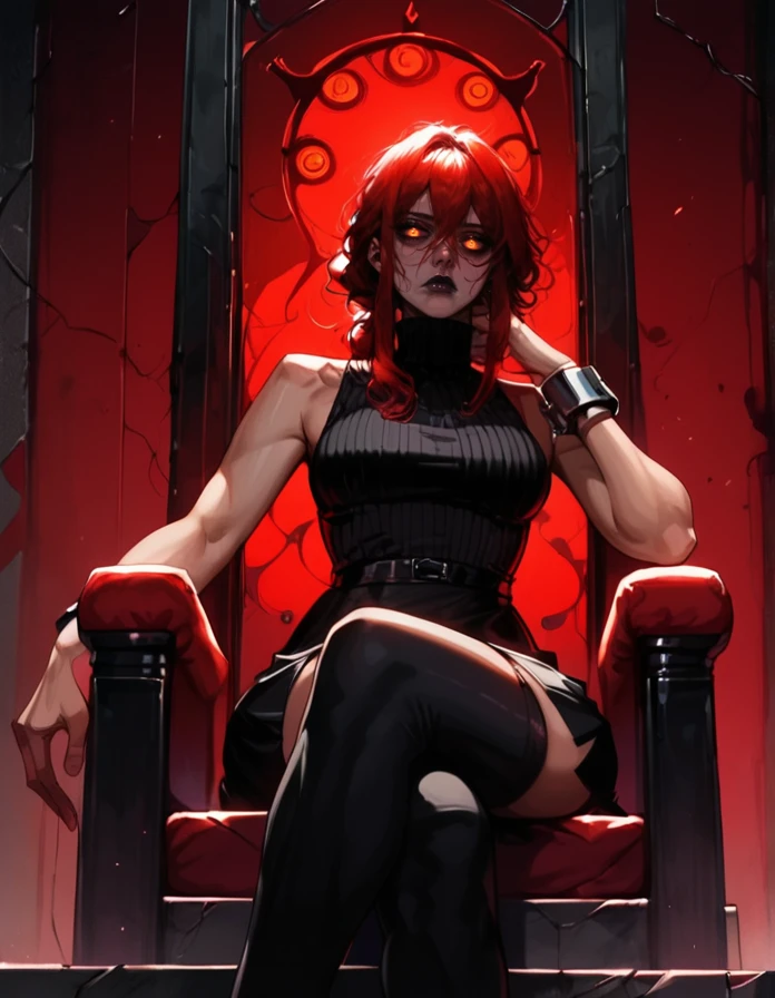 score_9, score_8_up, score_7_up,     detailed background, realistic lighting, sitting on throne, 
1 girl, detailed eyes,slim and fit, solo, dynamic pose,  mature adult female,
Kydra, red hair, hair glow, dark lips, sleeveless turtleneck, skirt, thigh highs, metal cuffs, tired, 
<lora:Kydra-000010:0.7>,
 <lora:Pony - Style - Sinozick_Style:1> sinozick style, flat color, dark theme