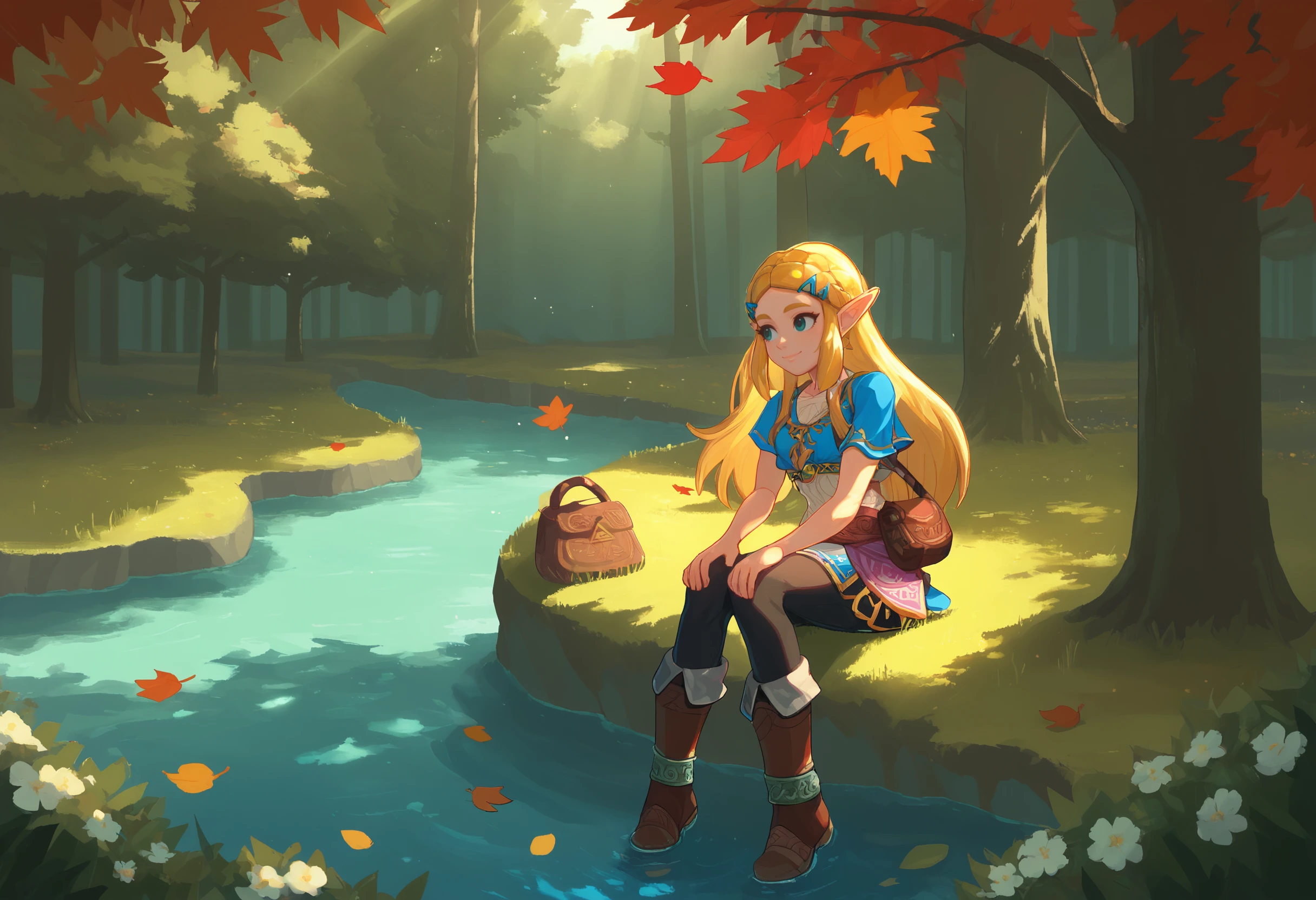 score_9, score_7_up BREAK 1girl,wide shot,scenery,outdoors,forest,dappled sunlight,flowers,autumn leaves,water,princess zelda,light particles,sitting,hands on knees,bag,boots,black pants,light smile,looking to the side <lora:itzah_pd:1>