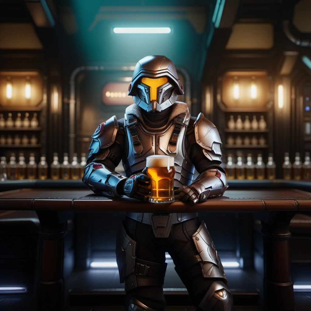 cinematic photo man wears armor and helmet, science fiction, having a beer in a pub  <lora:NodArmor1024:0.8> . 35mm photograph, film, bokeh, professional, 4k, highly detailed