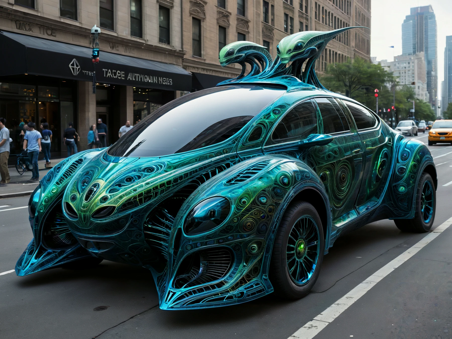 A strange and elaborate alien car in the city.

<lora:Twixt01_CE_SDXL:1> twxtCE