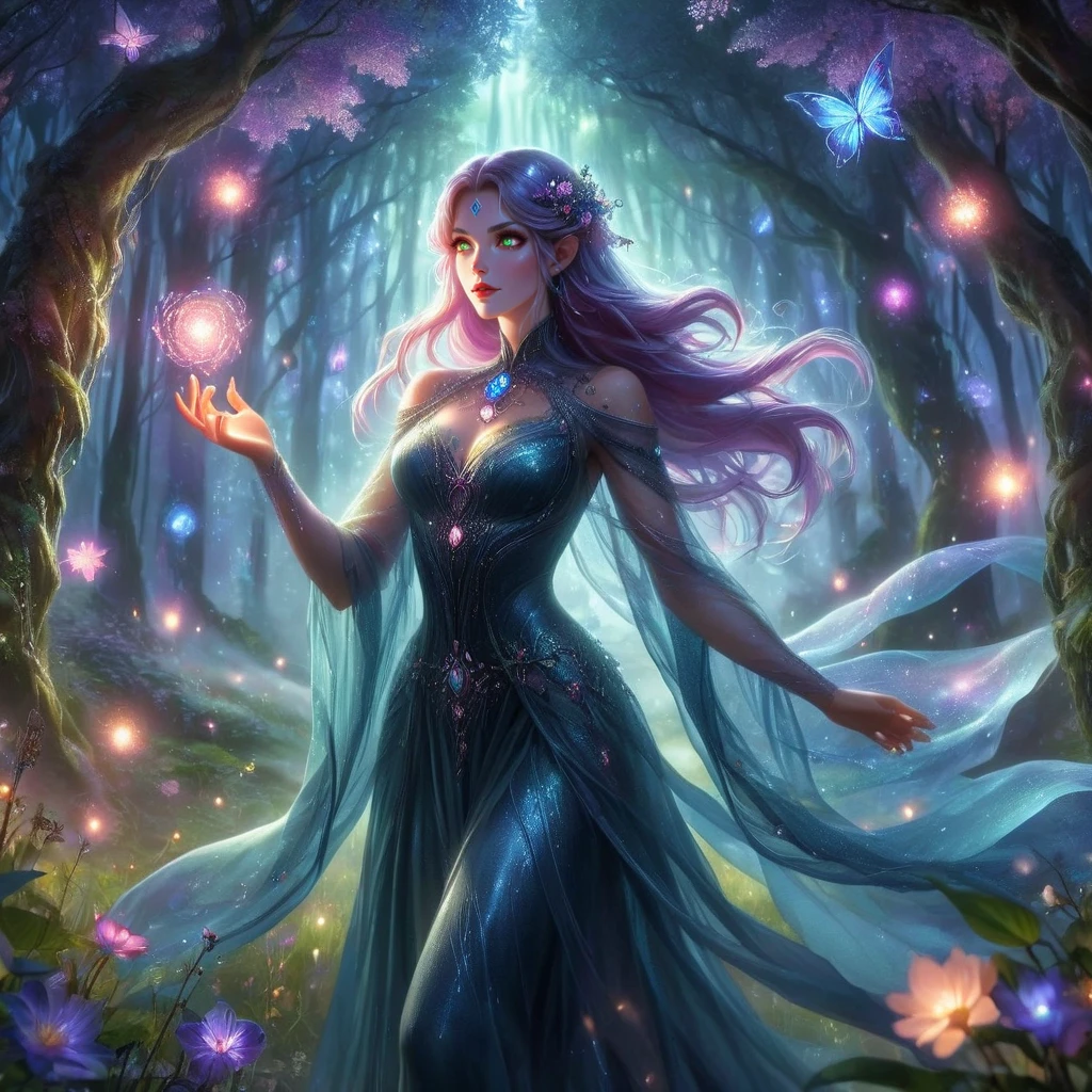 FFAOR, 1woman, A mystical enchantress stands in a forest glade, surrounded by shimmering fairies and glowing orbs. Dressed in a flowing gown of twilight shades, the enchantress’s hands weave spells that manifest into vivid, luminescent flowers and swirling sparks, realistic anime, full body