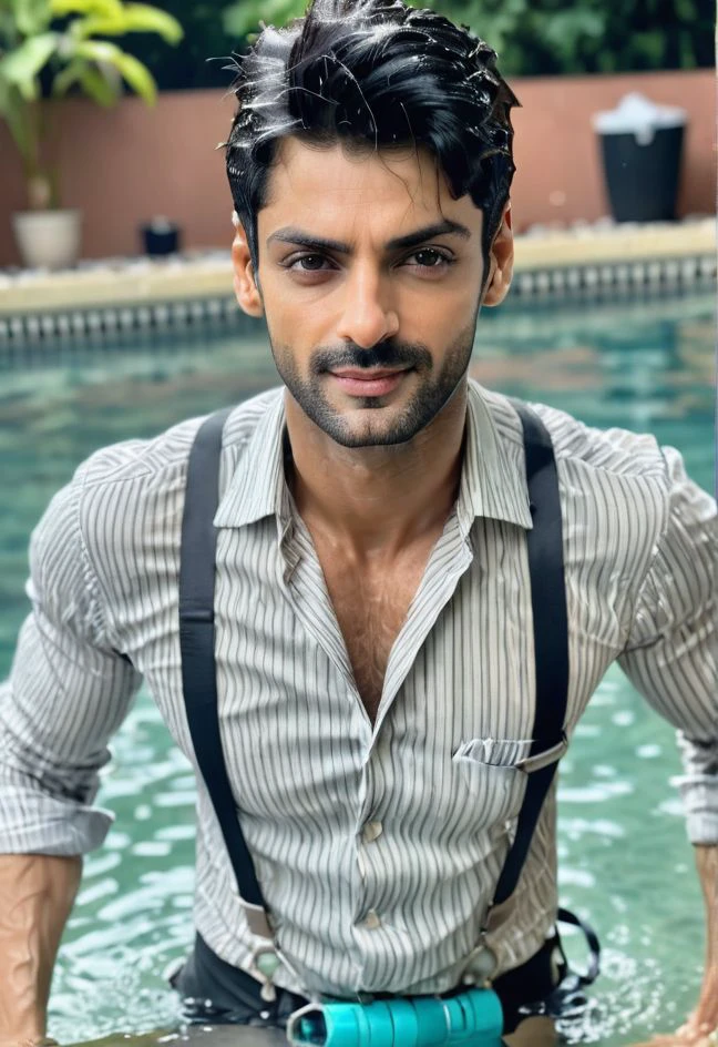 side view, full body view, analog film photo,1 actor, Karan Wahi a man <lora:Karan-Wahi:1>,(in the water:2),swimming pool, half body in water, ((looking at the camera:2)), pouring water on head, (suspenders:1.5),dark tie,(charming smile:1.2),fluffy cushions, faded film, desaturated, grainy, vignette, vintage, Kodachrome, Lomography, stained, perfect face, highly detailed,  <lora:add-detail-xl:1>