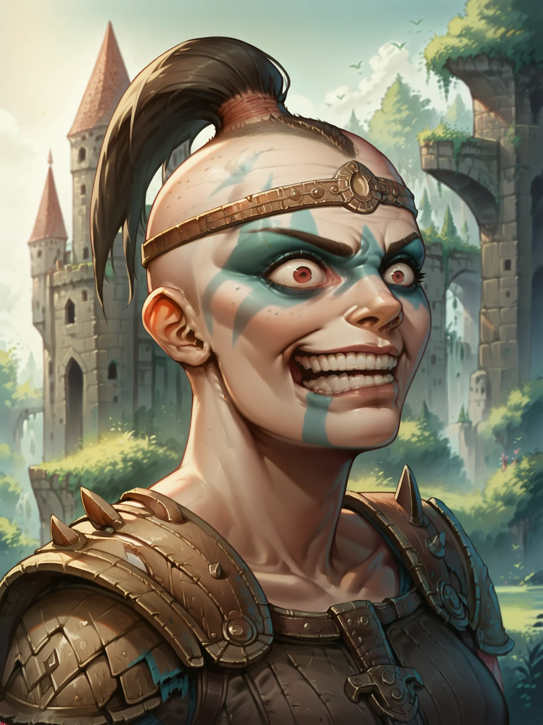 (((Portrait, crazy))), Sham4nForHonor, 1girl, score_9, score_8_up, score_7_up, masterpiece,, warpaint,  shaved head, topknot, leather headband, gloves, boots, bandages, pants, pouches, armor,  ((outdoors, viking)), 