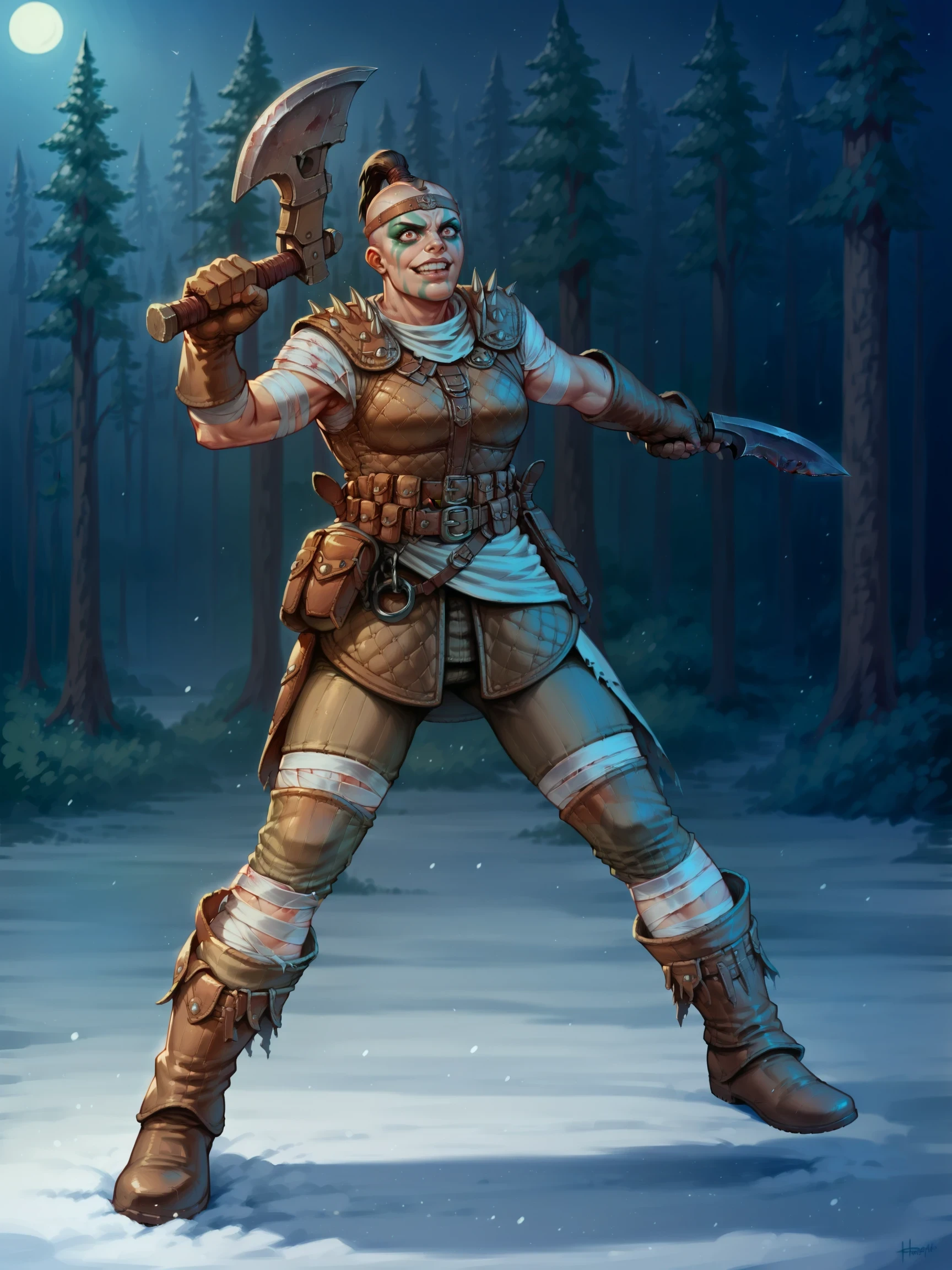 One leg forward, arms extended back, (((holding knife, holding axe, dual wielding, tilted head, crazy look, bloody))), Sham4nForHonor, 1girl, score_9, score_8_up, score_7_up, masterpiece, outdoors, forest, snow, warpaint,  shaved head, topknot, leather headband, gloves, boots, bandages, pants, pouches, armor,  ((night)), 