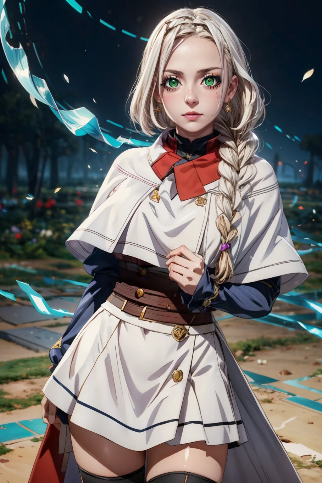 (ultra realistic,32k, masterpiece:1.2),(high detailed skin:1.1),( high quality:1.1), BREAK,   <lora:YuriUllen_kumodesuga:0.6>,   zzYuri, long hair, green eyes, braid, white hair, single braid,  capelet, long sleeves, white skirt, black thighhighs, zettai ryouiki,  BREAK,  blooming stars, luminescent petals, otherworldly fragrance blurry background, (looking at viewer, standing:1.1), huge breast, large breast, <lora:add_detail:0.92>, (glowwave:1.1),