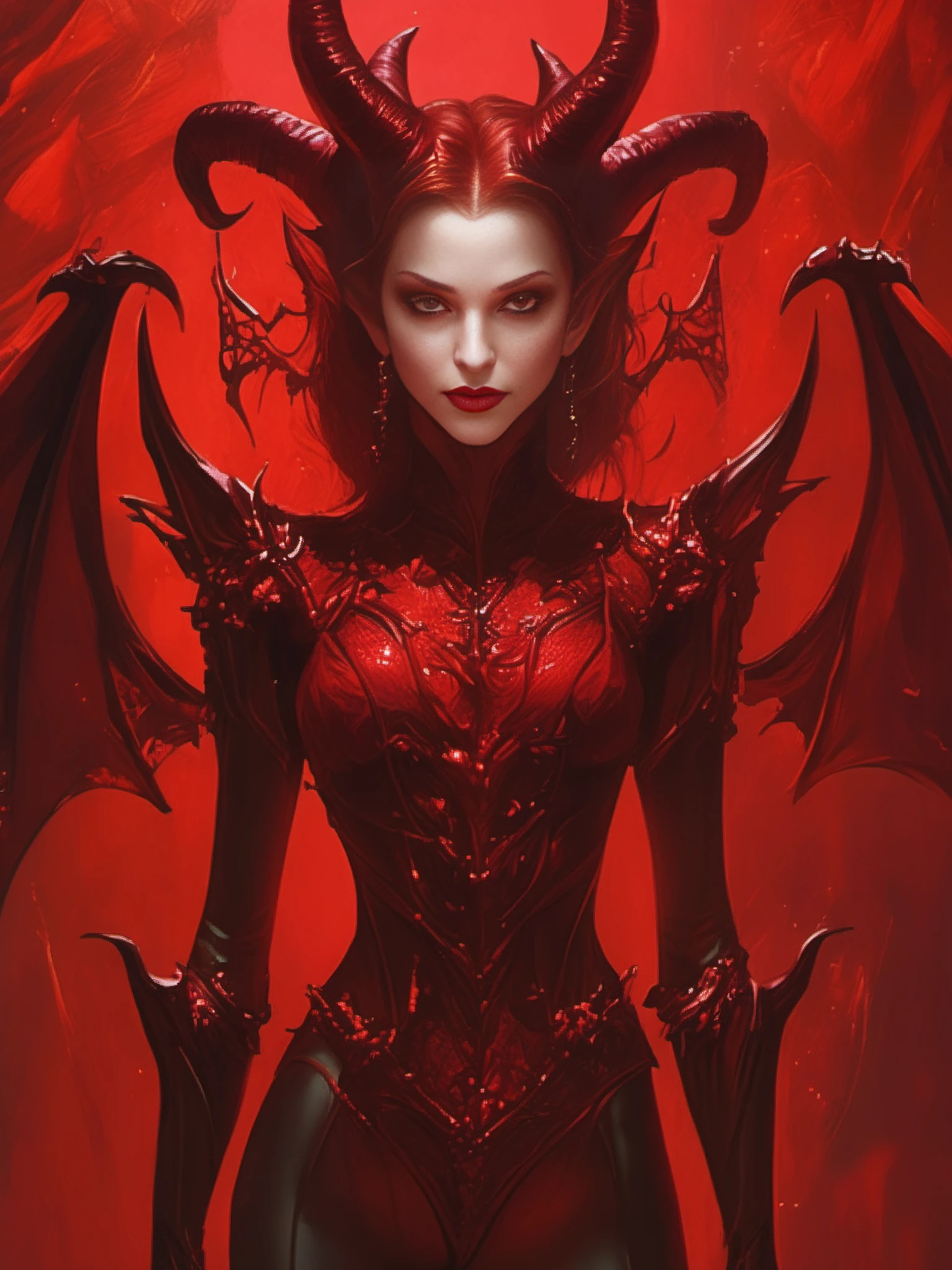 FRESHIDEAS Devil girl,most beautiful and detailed dark red bodysuit,bright background,juwels,