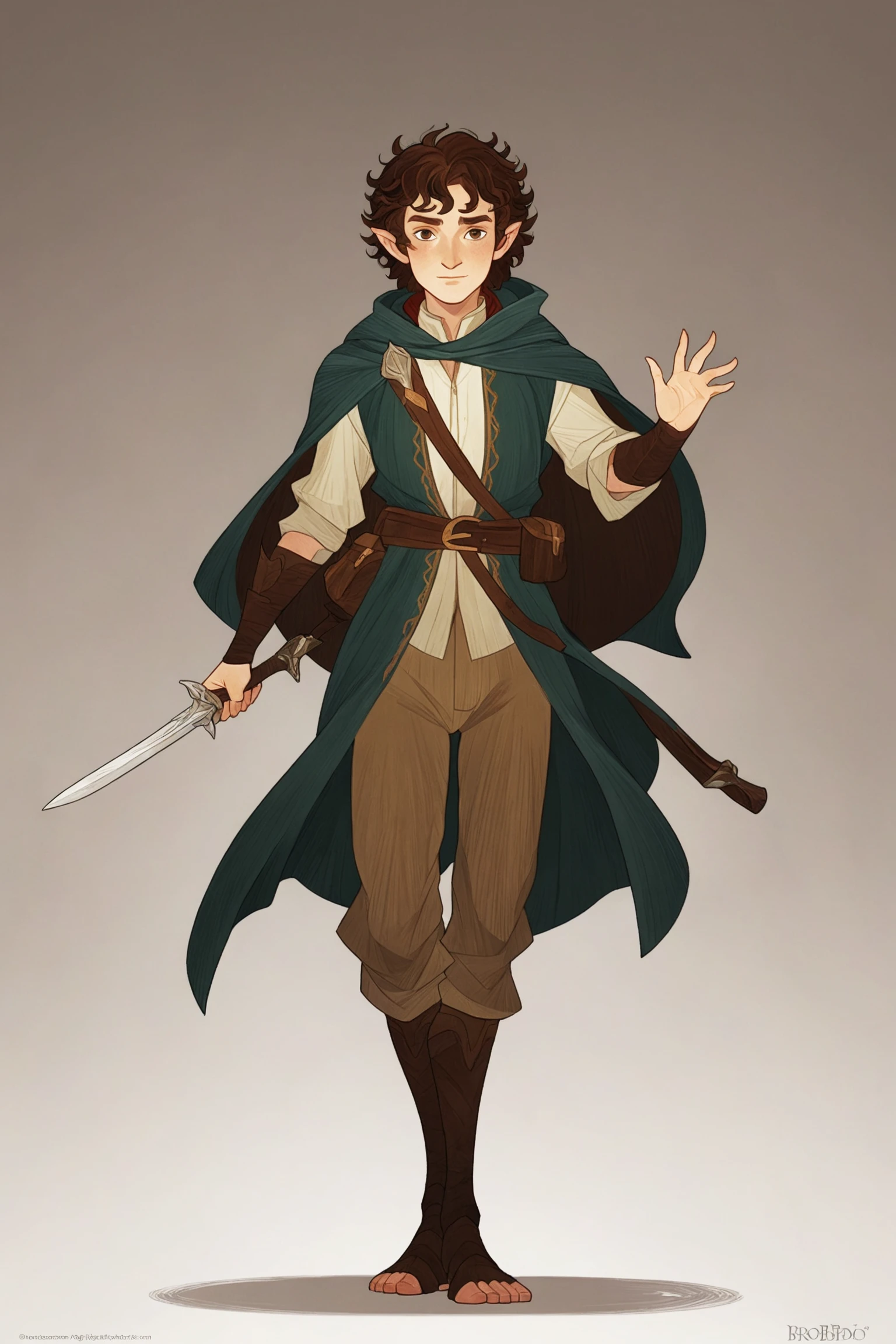 afk//,brushwork texture,fantasy,solo,front view,full body view,illustration,white_background, Frodo Baggins, a courageous hobbit, brown curly hair, big feet