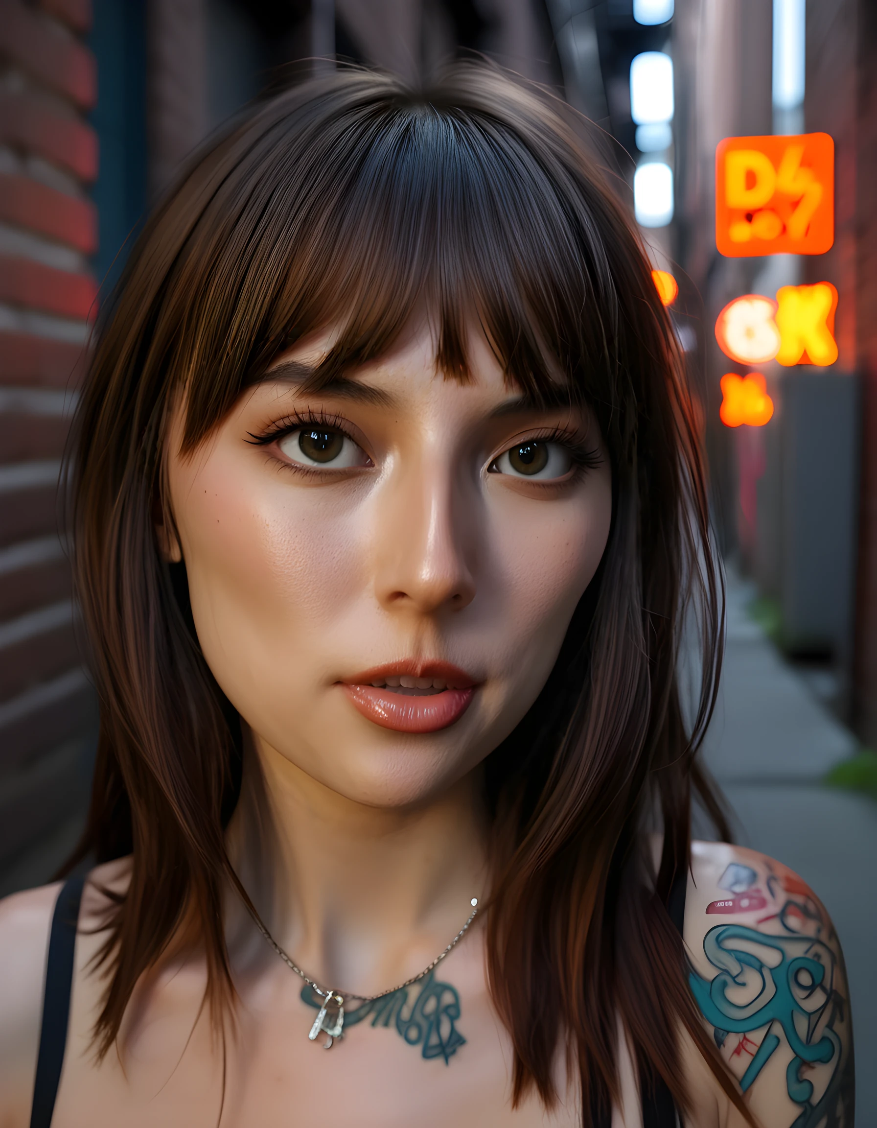 In a grunge-inspired, dimly lit alleyway in the heart of Seattle, the camera captures a striking close-up image of D415YD4Y, a woman with a fiery spirit and a rebellious edge. Her long, wavy brown hair cascades down her shoulders, framing her angular face and sharp features. Her bangs are styled in a choppy, jagged fringe that accentuates her intense, piercing brown eyes as they lock onto the viewer with an unwavering gaze. Her lips, painted a bold, vibrant shade of d415yd4y, are parted slightly, as if to speak defiance or challenge. The camera angle is low, looking up at her from beneath, highlighting the intricate tattoos that adorn her arms and neck. The background is blurred, with the rough brick walls of the alleyway and graffiti tags providing a chaotic yet artistic backdrop to this captivating portrait. A single, flickering neon sign casts an eerie glow across her face, creating an emotional tone that is both mysterious and alluring.
