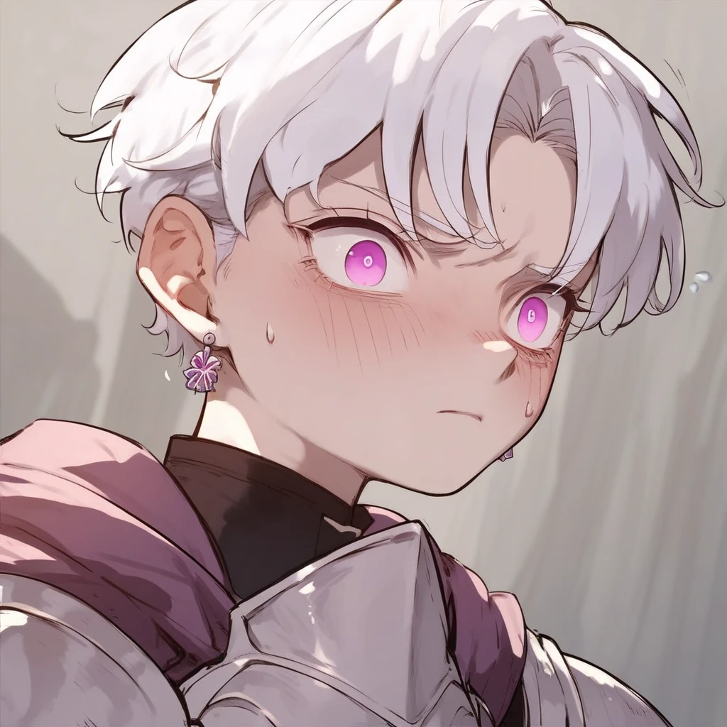 score_9, score_8_up, score_7_up, Alea, tomboy, white hair, violet eyes,  solo, blush, short hair, 1girl, purple eyes, upper body, white hair, grey hair, female focus, earrings, hood, pink eyes, sweatdrop, armor, hood down, ...