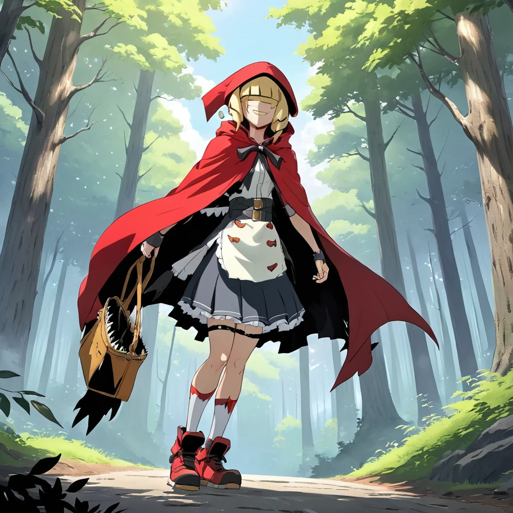 sfw, masterpiece, best quality,absurderes,2d,anime,makoto shinkai,full body,1girl,solo,chaperomon,standing,grin,hair over eyes, outdoors,forest,trees,shade,blonde hair,braid,cape,red hood, holding bag, <lora:ChaperomonXL:0.8>