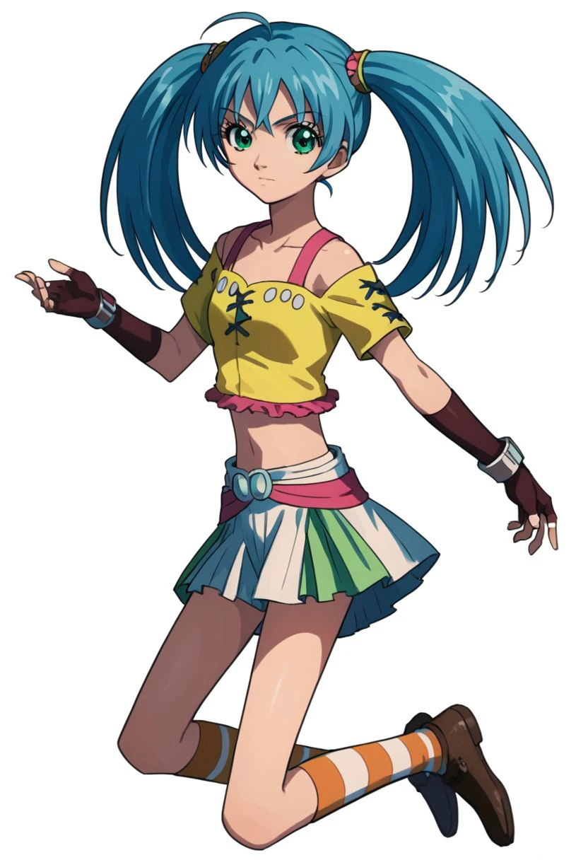 score 9, score 8 up, score 7 up,masterpiece_portrait, high quality, anime coloring, bakugan, runo misaki, 1girl, solo, twintails, gloves, fingerless gloves, striped, skirt, simple background, long hair, socks, blue hair, white background, full body, striped socks, midriff, green eyes