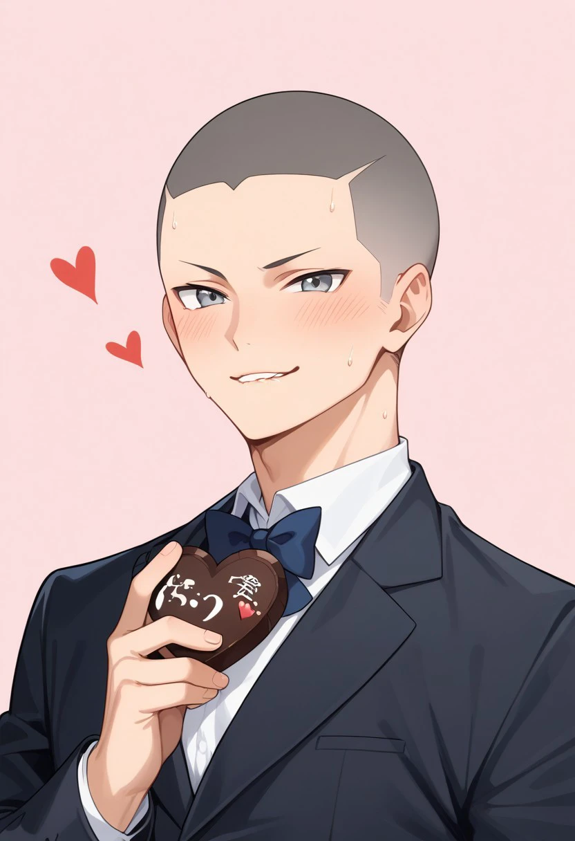 score_9, score_8_up, score_7_up, source_anime, rating_safe, holding heart-chocolate, Tanaikyu, grey eyes, black buzz cut, 1boy, male focus, suit, bowtie, biting lips, blushing, sweating, simple light-pink background, cute wallpaper, Expressiveh, red hearts,