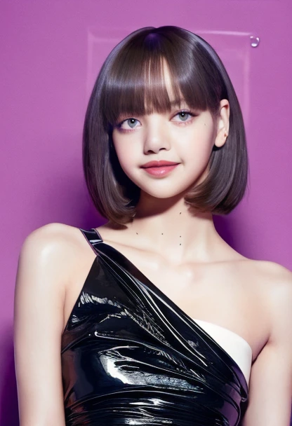 lalisa, girl in a photostudio
Modeling High cut, high Quality Dress.
Slight makeup, heavy rimmel. Clear skin.  realistic skin style
Long dark black slick back hair. 
Shooting light, indors, cable light
Studio background.
Winking left eye. Smiling.
Bokeh. Heavy Bokeh light.