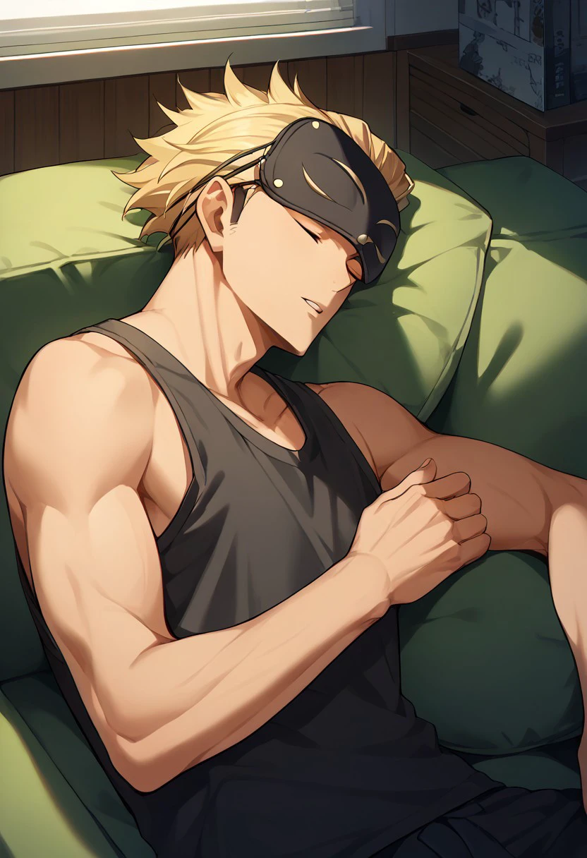 score_9, score_8_up, score_7_up, source_anime, rating_safe, hands with five fingers, Ukaikyu, 1boy, male focus, tank top, sleep mask, parted lips, lying, on side, couch, indoor living room, sleeping, hair strands,