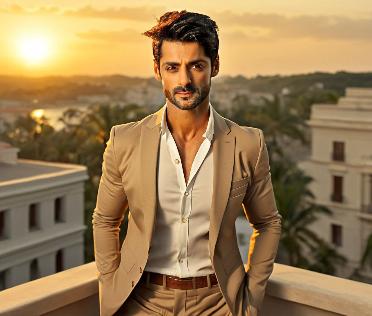 Nautical-themed (Photo:1.3) of (Ultrarealistic:1.3) <lora:Man_Men_FFashion:1> karan soni a man <lora:karan-wahi_karan-soni:1> in a tan suit standing on a balcony, sun behind him, inspired by Pablo Munoz Gomez, shot at golden hour, editorial photograph, midshot of a hunky, by Roman Bezpalkiv, by Artur Tarnowski, maxim sukharev, by Gabor Szikszai,Highly Detailed,(Mono Color:1.3) . Sea, ocean, ships, maritime, beach, marine life, highly detailed