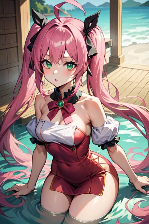 onsenochekaiser, green eyes, pink hair, parted lips, ribbon, twintails, ahoge, hair ribbon, braid, very long hair, day, <lora:467acfa5-b451-4e1f-87c2-dc8285869944:0.7>