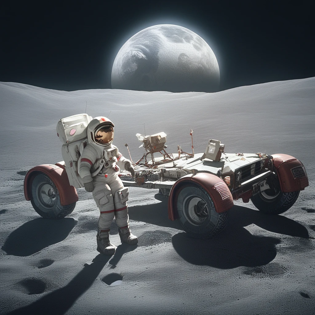 score_8, score_8_up, score_7_up, score_6_up, source anime, 2d, surface_of_luna,, grey ground, black sky, shadow, crater, hill, footprints, earth (planet), 1girl, apollo_astronaut, space helmet, astronaut, spacesuit, V, moon_rover, ground vehicle, motor vehicle