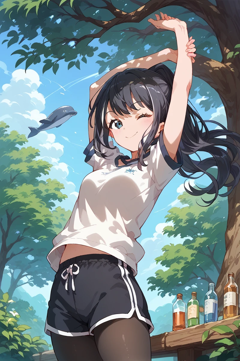 score_9, score_8_up, score_7_up, score_6_up, 1girl, 
 <lora:Kuina_Moriyasu:0.9> kuina, solo, one eye closed, black hair, shorts, outdoors, ponytail, bottle, tree, stretching, pantyhose, day, long hair, dolphin shorts