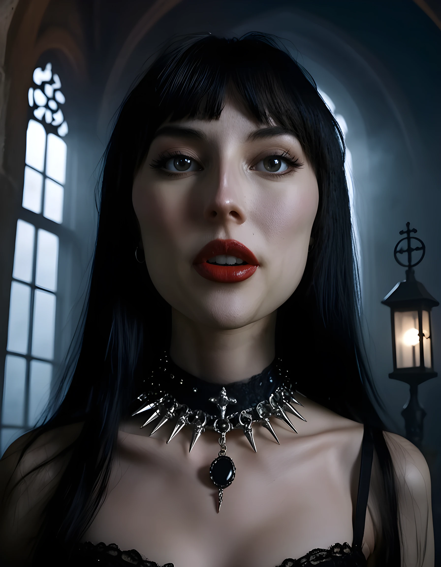 In a hauntingly evocative scene reminiscent of Tim Burton's noir-inspired aesthetic, the ethereal D415YD4Y is captured in an intimate close-up portrait. Her raven black hair cascades down her back, framing a striking face with high cheekbones and long bangs that fall like curtains across her darkened eyes. A single strand of hair clings to her crimson lips, which are parted slightly to reveal her sharp, gleaming teeth. She wears an intricately designed jewelry collar, adorned with gothic spikes and glittering gemstones that catch the dim light, casting a myriad of shadows across her pale complexion. The image is shot from below, emphasizing her piercing gaze as it seems to bore into the soul of the viewer, set against an eerie, fog-filled cemetery at dusk, where the only sound is the distant tolling of a solitary church bell.
