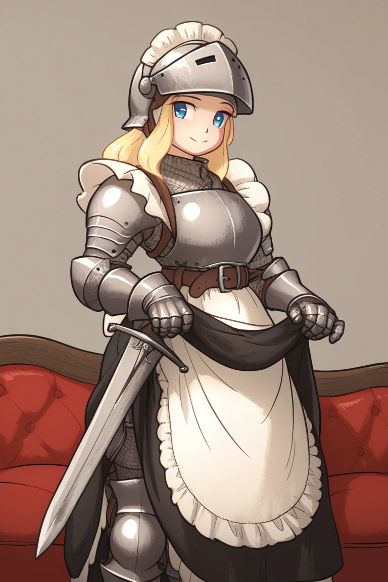 score_9, score_8, score_7, score_6, 1girl, apron, armor, armored boots, belt, blonde hair, blue eyes, boots, clothes lift, couter, curtsey, gauntlets, gorget, helmet, highres, ironlily, looking to the side, maid, maid headdress, original, perlweiss (ironlily), scabbard, sheath, skirt, skirt hold, skirt lift, smile, solo, sword, visor lift, weapon, ironlilyStyle