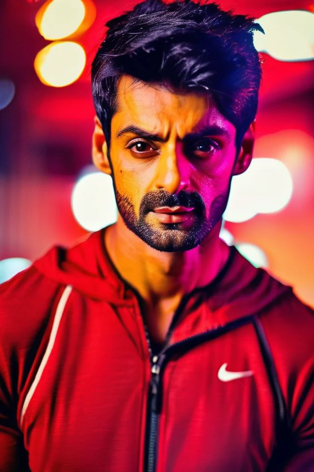 karan soni a man <lora:karan-wahi_karan-soni:1>, realistic photo , in a worn ((skin-revealing skimpy erotic red tracksuit, massive hairy pecs)), big pecs, big arms, bulge, VPL, ((light bokeh)), intricate, (steel metal [rust]), elegant, erotic, exuding sexual energy, homoerotic, sharp focus, photo by greg rutkowski, soft lighting, vibrant colors, (masterpiece), ((streets)), (detailed face), looking at viewer, light smile, night, walking towards viewer, cinematic lighting, beautiful lighting, cinematic lighting, (hazy filter, film grain:1.2)