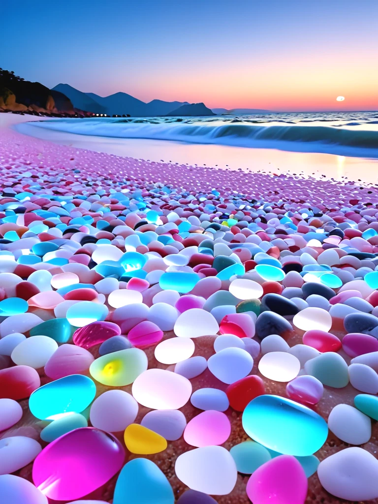 glass beach, colorful pebbles, gemstone cobbles, crystal marbles, multiple colored transparent beads, glowing, sky, sea, ocean, scenery, <lora:glassbeach_sdxl:1>