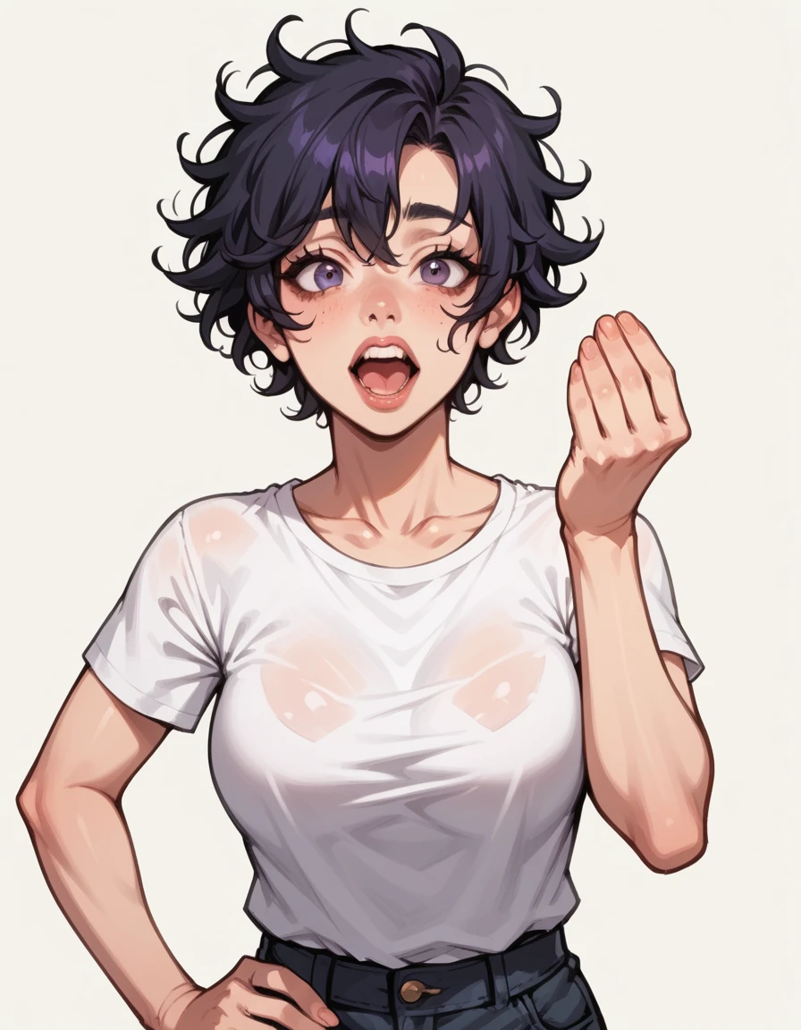 score_9, score_8_up, score_7_up, score_6_up, score_5_up, score_4_up, 1girl, large breasts, Short Messy Hair with High Fade, hud_it4lian_g3sture, hand up, looking at viewer, upper body, open mouth, teeth, hand on hip, <lora:hud_it4lian_g3sture_XLP:1>