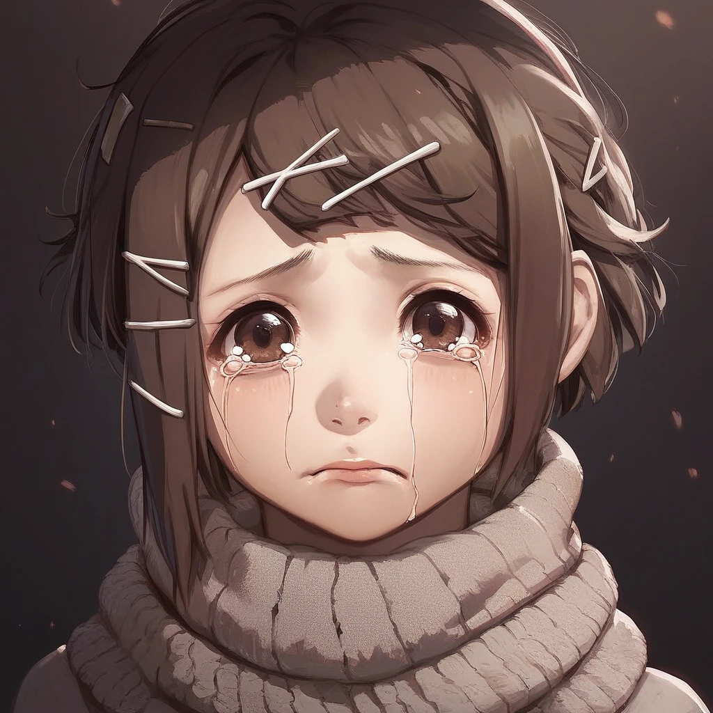 score_9, score_8_up, score_7_up, score_6_up, Zuru, Blame!, 1girl solo, looking at viewer, short hair, forest background, brown hair, hair ornament, dark background, closed mouth, brown eyes, upper body, hairclip, tears, blurry, scarf, lips, crying, x hair ornament, turtleneck