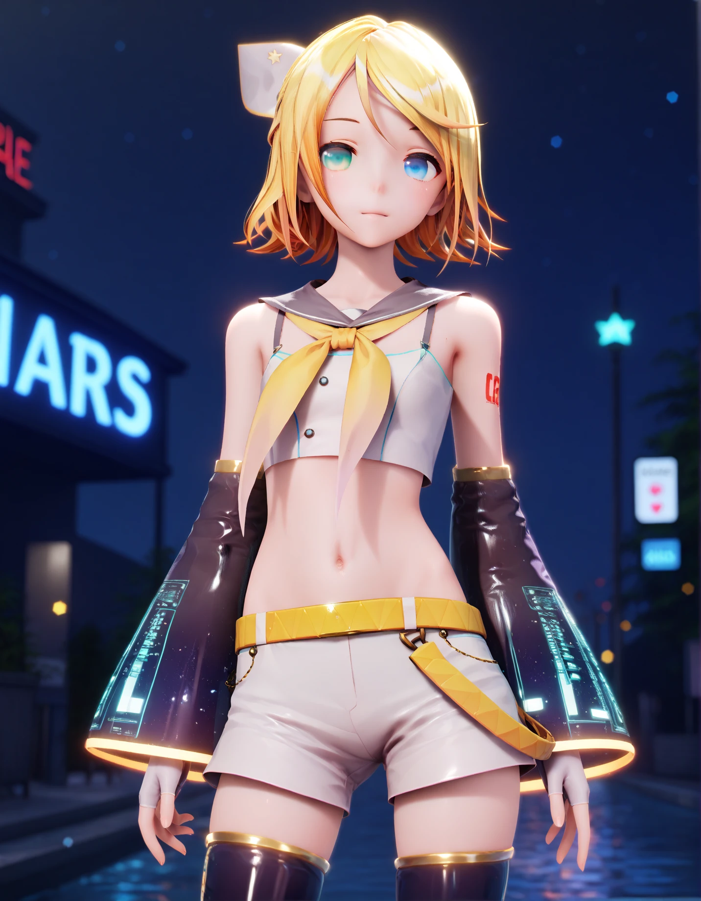 1girl, yybrin, detached_sleeves, detached_leggings, sleeveless_shirt, short_shorts, neckerchief, sailor_collar, arm_tattoo, belt, outdoors, heterochromia, night, fingerless_gloves, 
 
score_9, score_8_up, score_7_up, 8k, masterpiece, best quality, perfect anatomy, very aesthetic, absurdres, intricate detailed, 