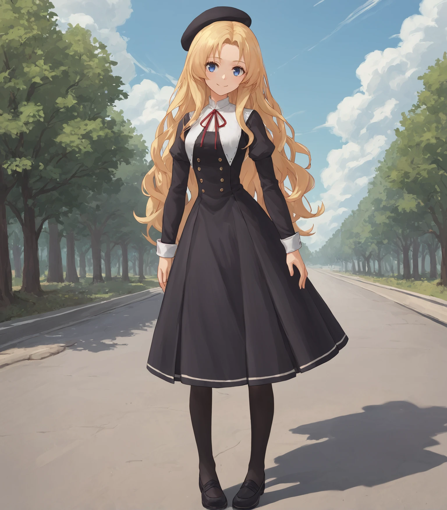 score_9, score_8_up, score_7_up, score_6_up, score_5_up, score_4_up, BREAK source_anime,
1girl, solo,  cowboy shot  looking at viewer, smile, outdoors, sky, trees, 
 <lora:AlfinReiseArnorStAstraia:0.9>, Alfin Reise Arnor, blonde hair, blue eyes, medium breasts, hat, black dress, red ribbon, black pantyhose, black shoes,