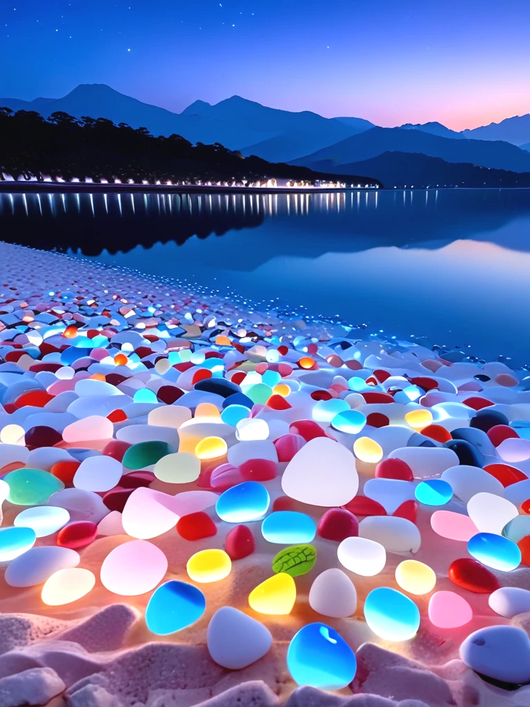 glass beach, colorful pebbles, gemstone cobbles, crystal marbles, multiple colored transparent beads, sky, lake, scenery, night, starry sky, <lora:glassbeach_sdxl:1>