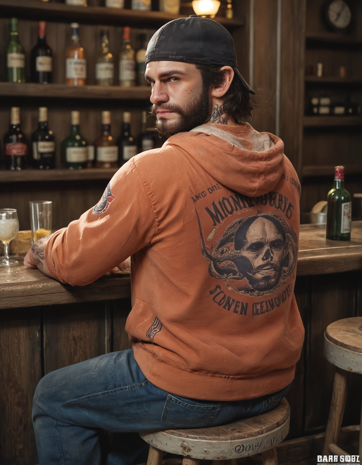 score_9, score_8_up, score_7_up, BREAK 1boy, solo, looking at viewer, upper_body, (green_eyes:0.7)
beard, mustache, short hair, orange_hoodie, tattoo, baseball_cap, backwards_hat,
sitting, stool, from_behind, looking_back,
indoors, bar, detailed environment,  <lora:Deacon_St._John:1>