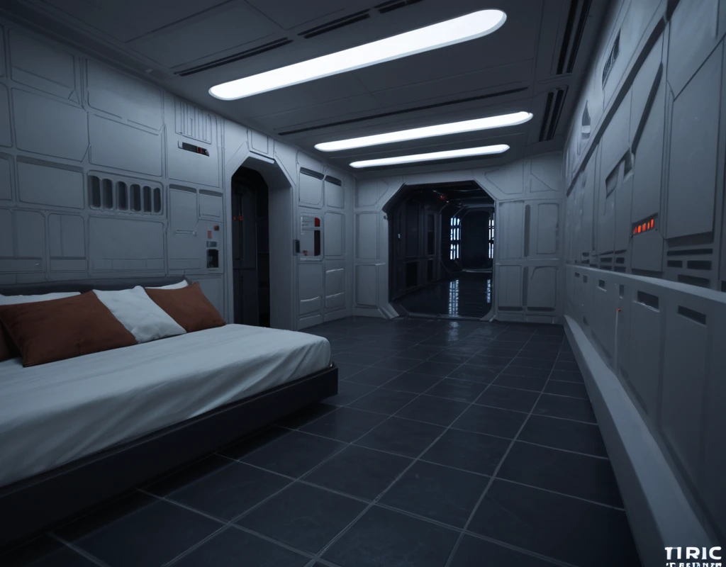 score_9, score_8_up, score_7_up, Imperial-Style, Imperial-Tech, Star Wars, indoors, window, night, shadow, scenery, floor, stairs, tiles, door, light, dark, tile floor, ceiling, bedroom, bed, pillows, ceiling light, realistic  <lora:SW_Imperial_Style:1>