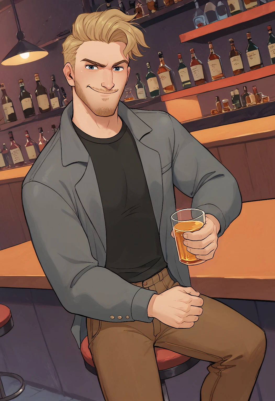 (score_9, score_8_up), score_7_up, dutch_angle, 

retro_neon, rooftop bar, bar_stool, sitting, hand_on_table, holding_cup, whiskey, glass of whiskey,

coralscott, outfit fall, black shirt, grey jacket, brown pants, smug, smile, looking_at_viewer,

solo, male_focus, 