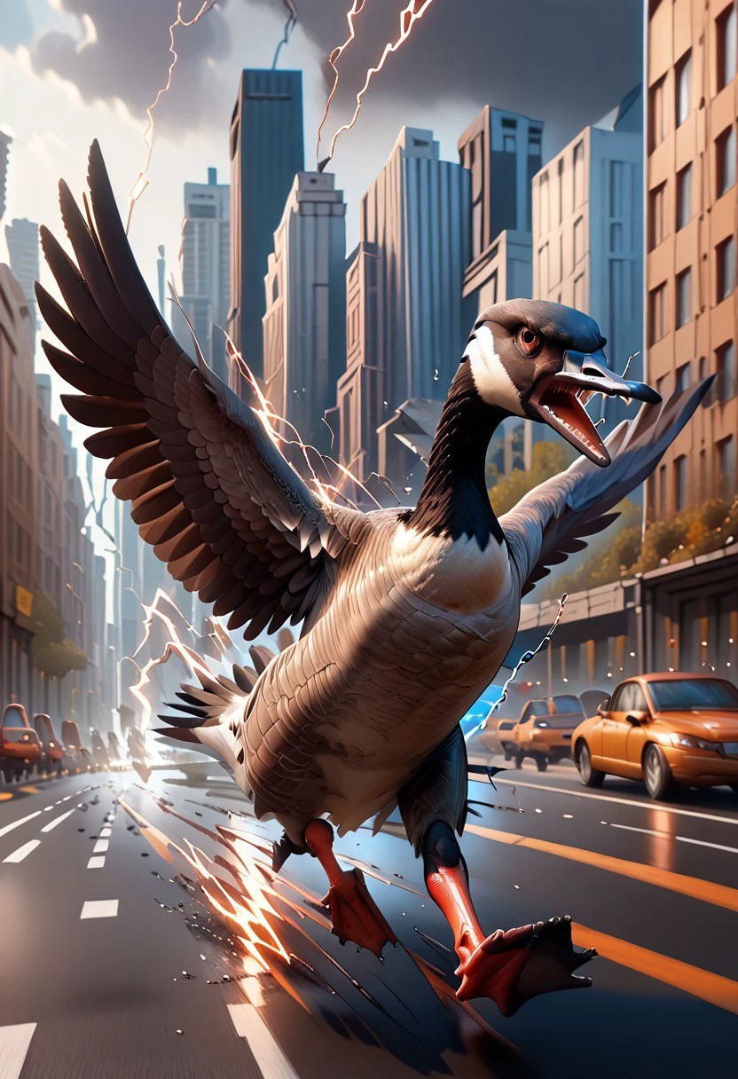 score_9, score_8_up, score_7_up, score_6_up, score_5_up, score_4_up, cg00se, solo, bird, wings, angry, open mouth, sharp teeth, electricity, running, motion blur, city, road, full body,