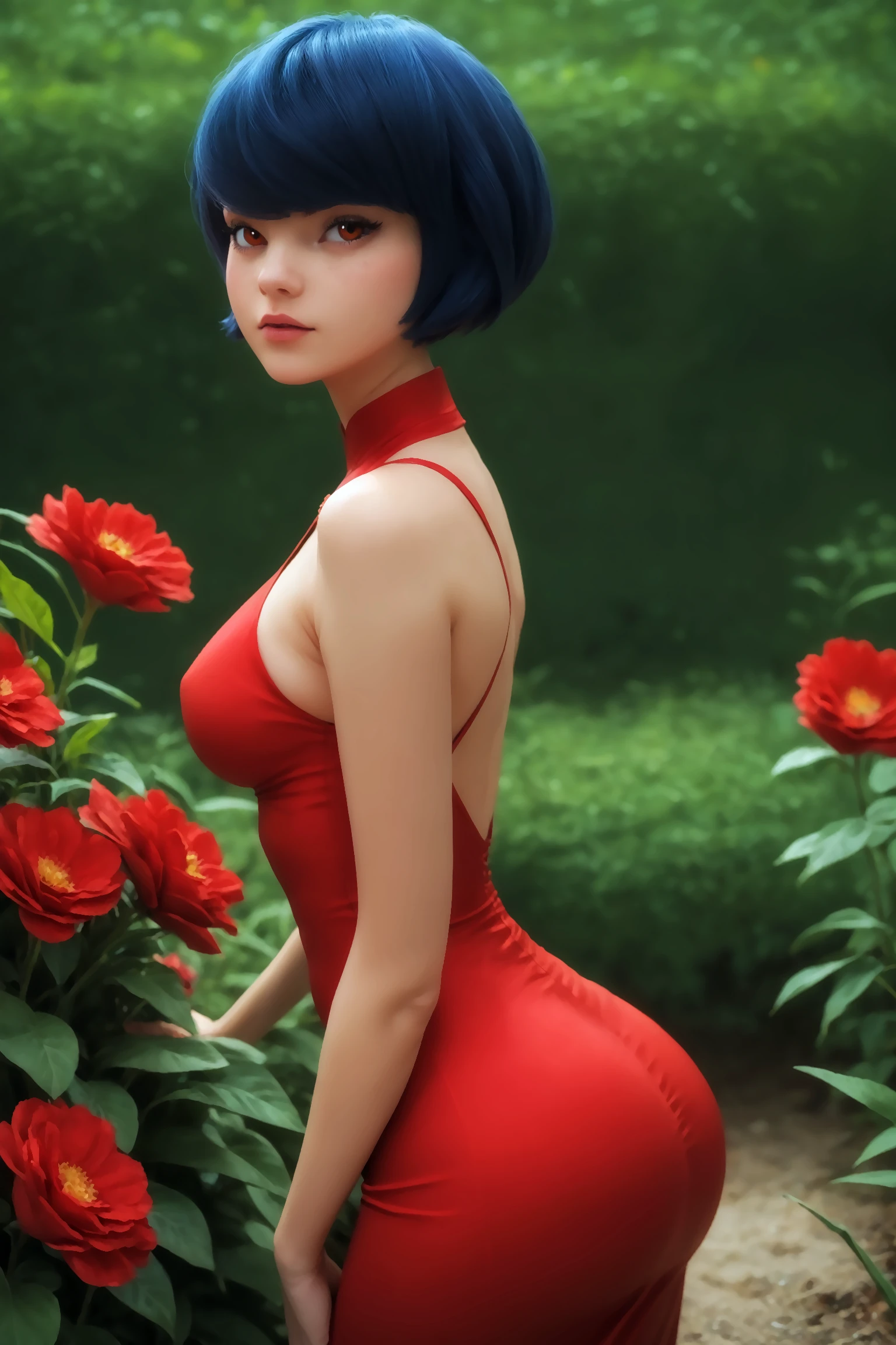 score_9, score_8_up, score_7_up, BREAK, imtdtsukag, adult, 1girl, from side, red dress, tight dress, flowers, ass, short hair, solo, brown eyes, blue hair, swept bangs, bob cut, light freckles, large breast, wide hips, fit body, rating_questionable.
