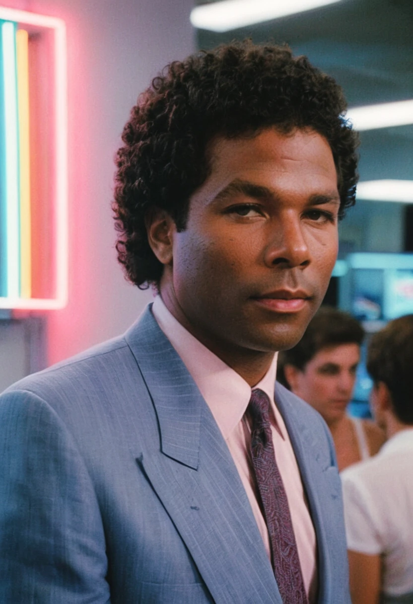 MiamiVice, Rico Tubbs, closeup, office, people, neon lights, indoors, highly detailed, 4K, ((grainy analog 35mm film photo))