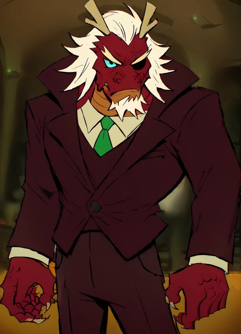 <lora:BruceTMNTpony1.0:1> bruce, male focus, antlers, eastern dragon, eyepatch, 1boy, solo, white hair, facial hair, red skin, beard, formal, red suit, blue eyes, green necktie, white shirt, looking at viewer, score_9, score_8_up, score_7_up, score_6_up, score_5_up, score_4_up frown, scar, cowboy shot,pants,