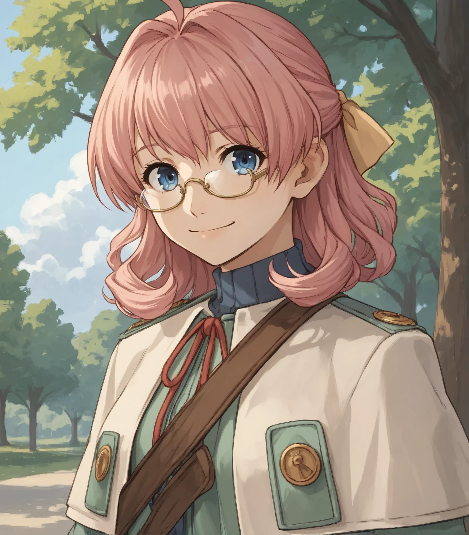 score_9, score_8_up, score_7_up, score_6_up, score_5_up, score_4_up, BREAK source_anime,
1girl, solo, upper body, portrait looking at viewer, smile, outdoors, sky, trees,
<lora:DorothyHyatt:0.9>, Dorothy Hyatt, pink hair, medium hair, hair ribbon, blue eyes, medium breasts, glasses, coat, green pants, shoes, shoulder bag,