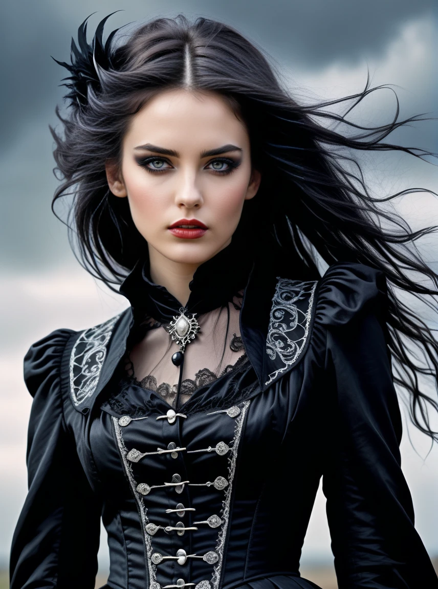 hyper-realistic portrait of a far_away female in gothic clothing, she has windswept hair, Highly detailed gorgeous face, perfect features