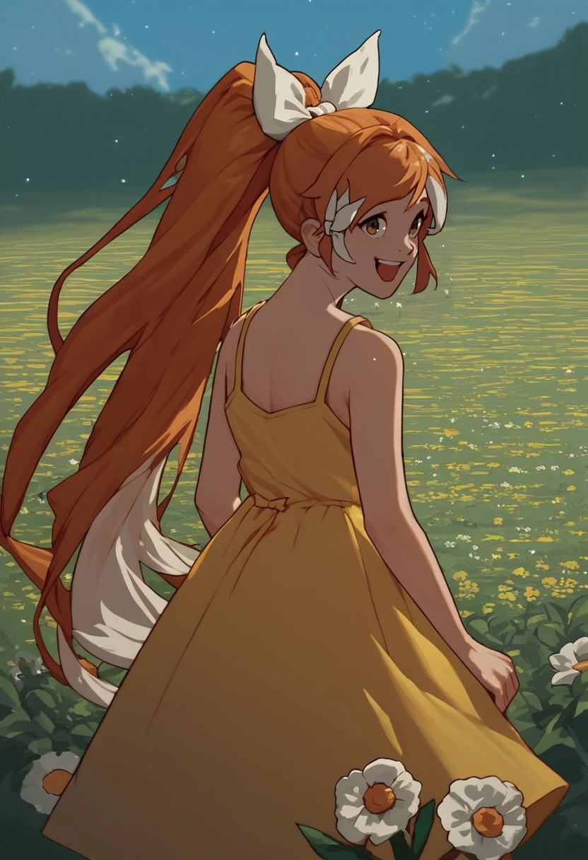 score_9, score_8_up, score_7_up, source_anime, from behind, solo, 1girl, crunchyroll-hime, happy, open mouth, looking back, high ponytail, hair bow, white bow, hair ribbon, yellow sundress, bare shoulders, outdoors, flower field <segment:yolo-face_yolov8m.pt>