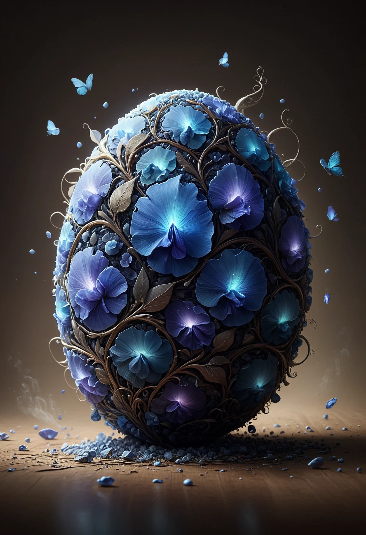 A vibrant, glowing egg with rippling, muscular veins, sculpted in iridescent glass, seems to pulsate with an otherworldly energy, as if infused with the essence of a mystical being. The egg's sleek evoking a sense of power and vitality. Delicate, swirling patterns reminiscent of ancient mythological symbols dance across its surface, casting a mesmerizing glow in the surrounding environment, as if defying gravity and transcending the boundaries of reality, made out of butterfly pea flowers, <lora:PinkieBttflwrsSDXL:1>, p1nkbttrflyp3a,