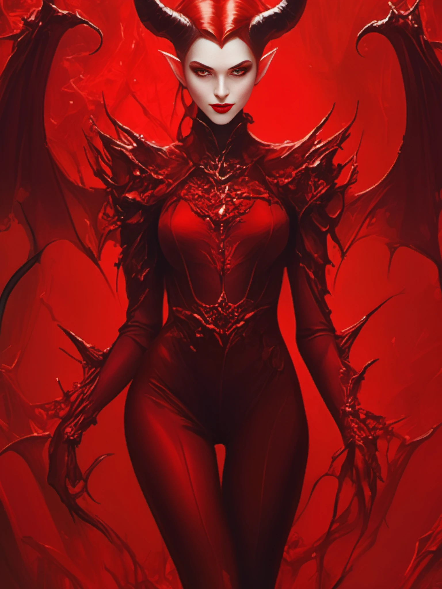 FRESHIDEAS Devil girl,most beautiful and detailed dark red bodysuit,bright background,juwels,