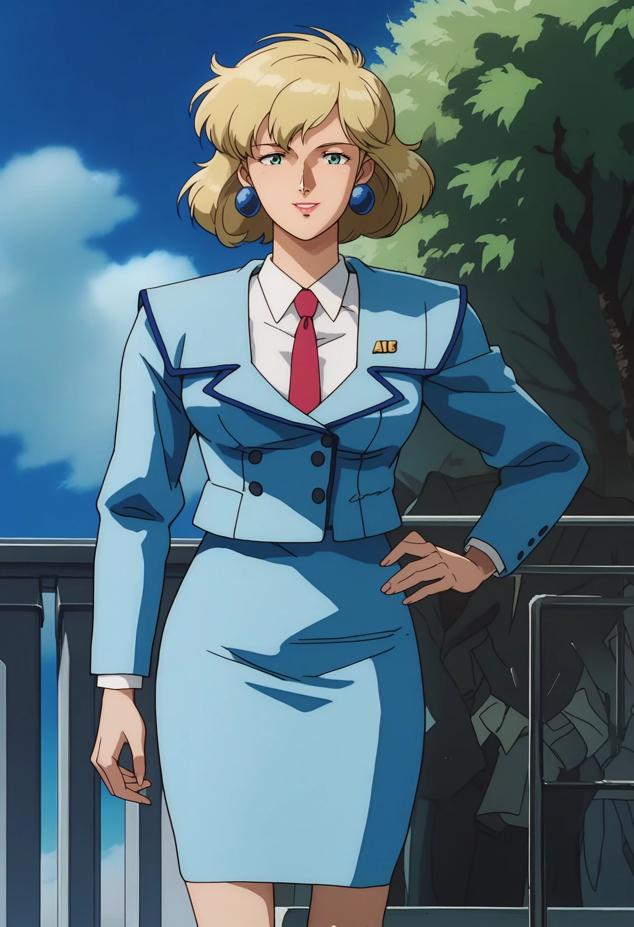 score_9, score_8_up, score_7_up, score_6_up, anime screencap, anime coloring, <lora:G0083NP:0.9>, G0083NP, blonde hair, short hair, lipstick, green eyes,
earrings, red necktie, suit, blue jacket, closed jacket, pencil skirt, blue skirt, high heels, white footwear,
standing, hand on own hip, upper body, looking at viewer, smile, pov,
BREAK blue sky, day, sunlight,