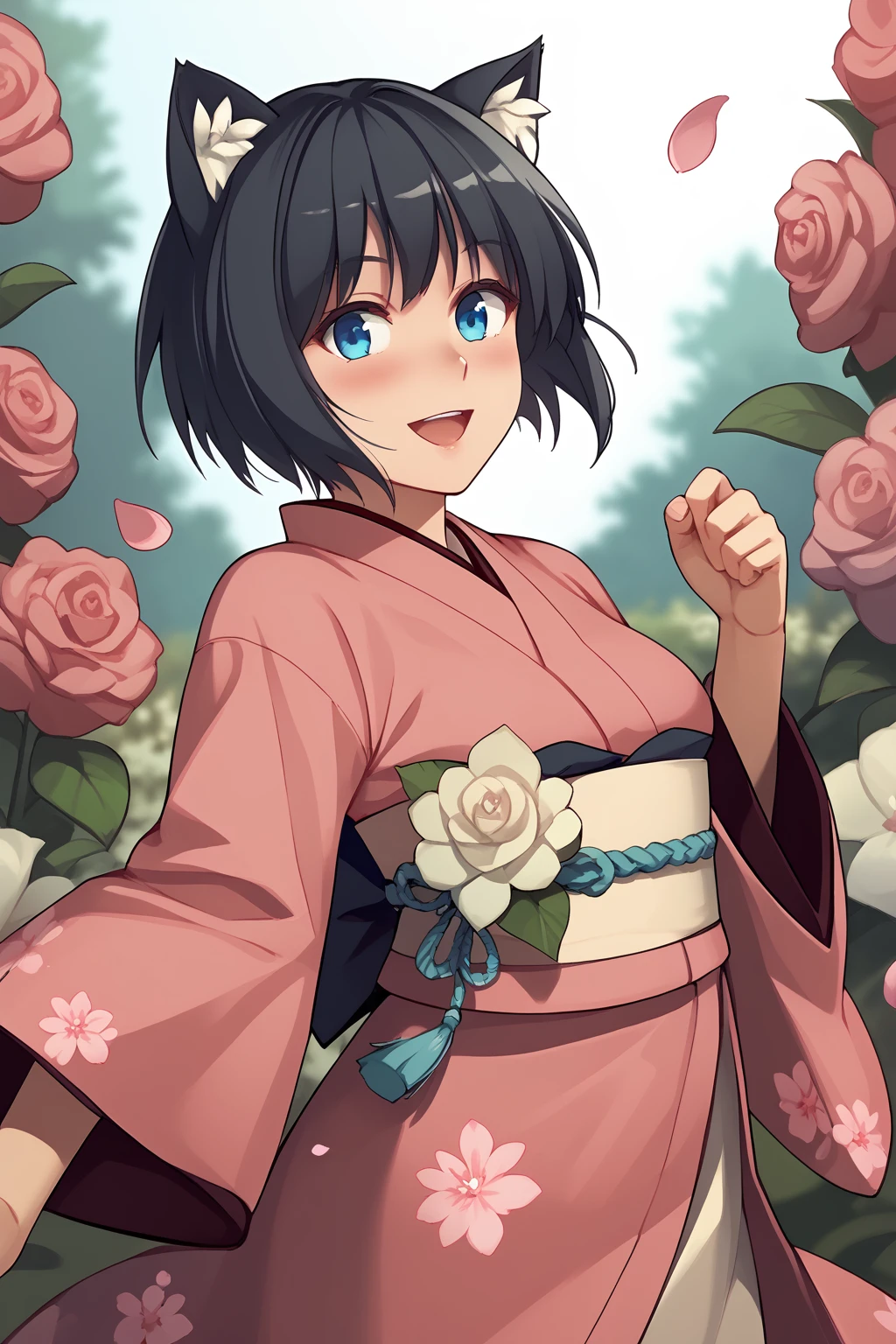 Ichigo, cat ear, cat tail, dimgrey hair, short hair, deepskyblue eyes, pink kimono, white sash, red ribbon, wide sleeves, long sleeves,
(nsfw), (uncensored), (score_9), score_8_up, score_7_up, source_anime, cowboy shot, dynamic pose, Happy, Smile, Parted Lips, blush, ashamed, shy, sexy, charming, alluring, seductive, enchanting, erotic,
((outdoors)), ((flower garden)), ((flowers)), ((many flowers)), spring petals, petals of flowers, spring, falling petals, flying butterflies<lora:EMS-446378-EMS:1.000000>